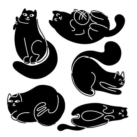 Set of monochrome abstract fat cats. Sleeping and resting black kittens with outline drawing.Vector print of pets. Modern illustration animalsのイラスト素材