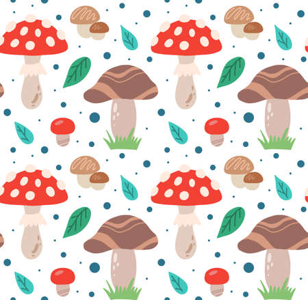 Seamless pattern with hand drawn flat mushrooms, fly agarics, foliage and polka dots on a white background. Vector texture with forest fungus. Baby wallpaper for nurseryのイラスト素材