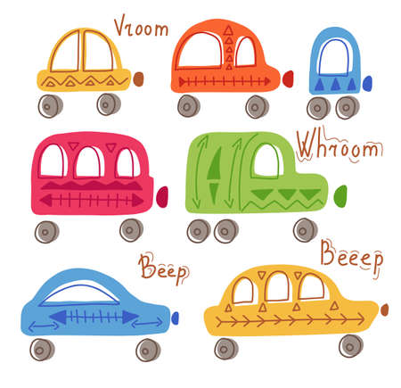 Set of cute childish hand drawn flat cars with tribal pattern and lettering on white background. Vector multicolored automobile with folk art. Cartoon vehicles with wordsのイラスト素材