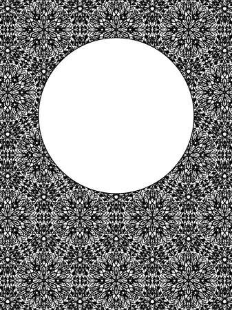 Card with monochrome tribal pattern. Vertical banner with boho texture. Hand drawn native invitation. Vector black and white template. Postcard with circles and lines for coloring book and copy spaceのイラスト素材