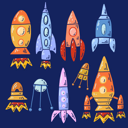 Set of cartoon contour space ships and ufo. Outline technological ships. Vector childish object of space shuttle and satellites on dark background.のイラスト素材