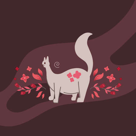 Cute cat with pink flowers on the branches. Delicate flat illustration of a pet with a floral pattern on dark background. Vector tender card with kitten, sakura and tulipsのイラスト素材