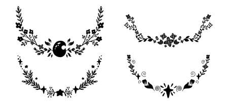 Set of black semicircular frame with twig, moon and star. Vector nature design elements. Silhouette of plant borders for articles, invitations and cards. Natural print design elementのイラスト素材