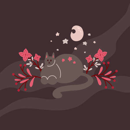 Cute sleeping cat with stars, moon and flower on the branches. Delicate flat illustration of dreaming pet with floral pattern on dark background. Vector postcard with kitten, moon and starのイラスト素材