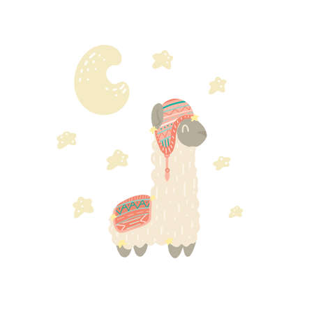 Cute alpaca with stars and a crescent moon on white background. Vector hand drawn flat illustration with llama in tribal clothing for nursery poster, card and banner. Night counting stars.のイラスト素材
