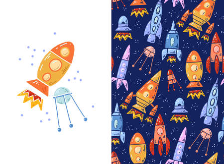 Set of card and pattern with cartoon contour space ships and satellite. Outline technological ships. Vector childish postcard and texture of space shuttle and rocketsのイラスト素材