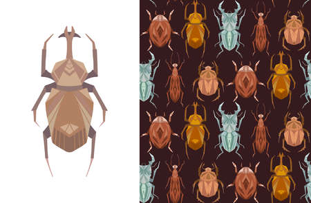 Set of card and seamless pattern with geometric insects on brown background. Vector stylish texture and poster with stag beetle, bugs, flying ant, ladybug in retro colors.のイラスト素材