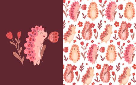 Set of card and seamless pattern with cute dancing hedgehogs with flowers and folk decoration on white background. Delicate vector poster and texture with animals and floral ornament for nurseryのイラスト素材