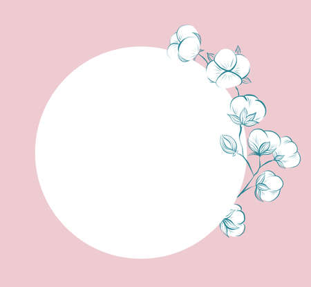 Square delicate card with sketches of cotton plant and stems, round copy space on pink background. Vector gentle outline herbal template with stems, fluffy balls and circle place for text.のイラスト素材