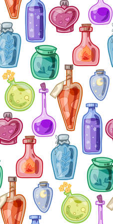 Seamless pattern with various magical potions, poisons and antidotes. Alchemy and Potion Making. Witch tinctures. Vector texture with hand drawn flat bottles, flasks and jars for wrappingのイラスト素材