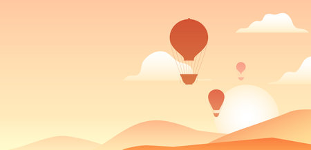 Horizontal banner with vintage hot air balloon in the sky, sunrise and hills and place for text. Card with silhouette of aerostat and copy space. Vector template with balloons and landsのイラスト素材