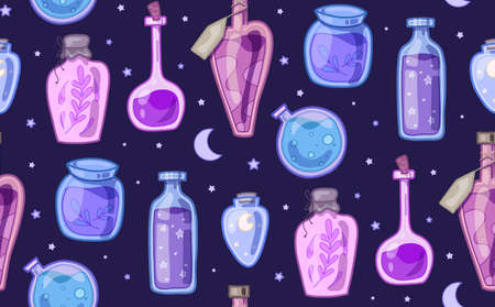 Seamless mystic pattern with various magical potions, poisons and antidotes with stars and crescents on dark violet background. Alchemy. Vector neon texture with flat bottles, flasks and jarsのイラスト素材