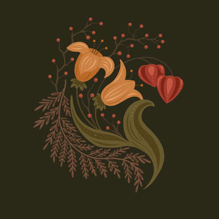 Autumn illustration with flowers, berries and physalis. Floral ornament on a dark background. Vector natural image with bouquets for banner, sticker and badgesのイラスト素材