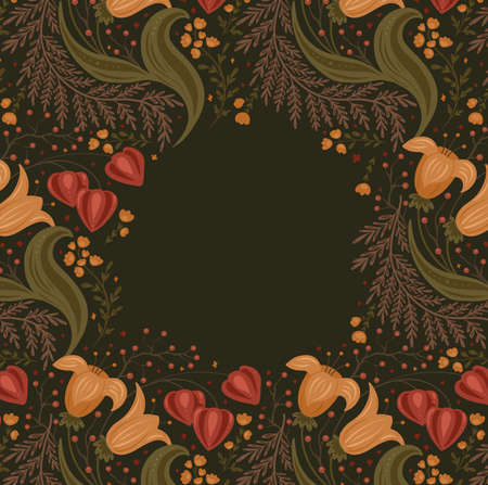 Card with autumn pattern with flowers, berries, physalis and place for text. Card with floral ornament on dark background. Vector natural template with bouquets for invitation and bannerのイラスト素材