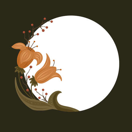 Card with autumn flowers, berries, physalis and place for text. Circle copy space with floral ornament on a dark background. Vector natural template with bouquets for banner, invitation and badgesのイラスト素材