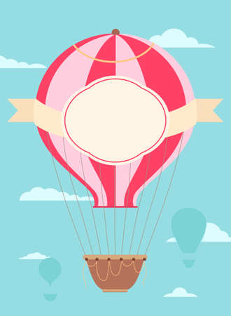 card with vintage hot air balloon with ribbons and place for text in the sky with cloud. Banner with retro air transport and copy space. Vector flat image of cartoon balloons with basketsのイラスト素材