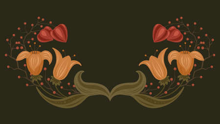 Autumn border with flowers, berries and physalis. Frame with floral ornament on dark background. Vector natural template with bouquets wreath for card and invitationのイラスト素材