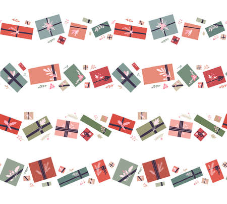 Vector set of seamless holiday border with hygge gift boxes with ribbons and branches decorations....