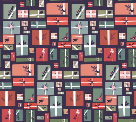 Vector seamless holiday pattern with hygge gift boxes with ribbons and branches decorations in row on dark violet background. Texture with presents in pastel colors and stems with foliage and flowers.のイラスト素材