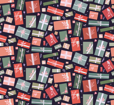 Vector seamless holiday pattern with hygge gift boxes with branches decorations on violet...