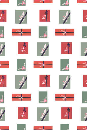 Vector seamless naive holiday pattern with hygge parcels and package with plants decorations on white background. Texture with sparse gift boxes top view in pastel colors with foliage and berriesのイラスト素材
