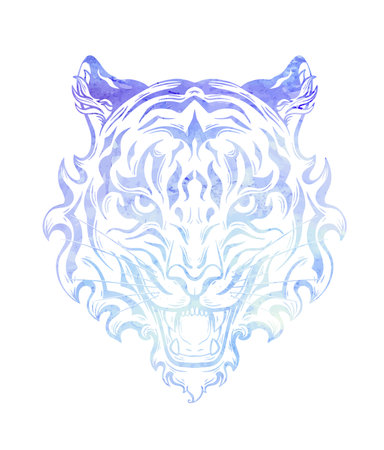 Vector watercolor silhouette of angry tiger head. Color contour tattoo of roar formidable predator. Tracery symbol of the eastern new year.のイラスト素材