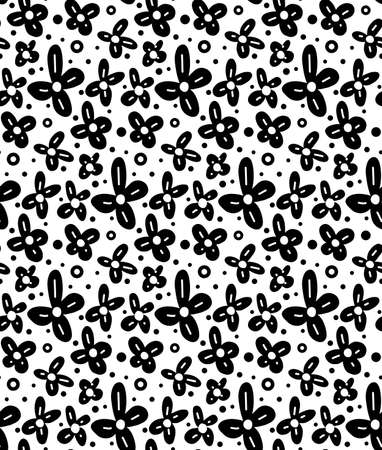 Monochrome seamless floral pattern with black small flowers and dots on a white background. Natural ditsy wallpaper. Vector texture with silhouette of buttercup anemone for fabrics and wrapping paperのイラスト素材