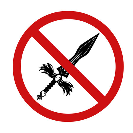 Black silhouette of a medieval sword in a red forbidden sign. The danger of war. Prohibition of violence. Vector sign for stickers and iconsのイラスト素材