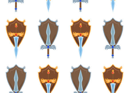 Vector seamless pattern with cartoon swords and shields on white background. protection and strength. Rich knight uniform. Texture with gold and silver weapon for wallpaper and gamesのイラスト素材