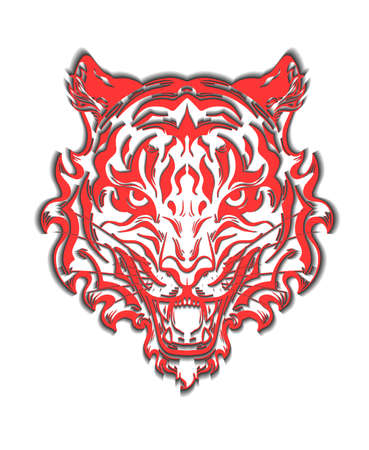 Vector red paper cut illustration with silhouette of angry tiger head. Card with contour roar formidable predator on white background. 3D tracery symbol of the eastern new year with shadow.のイラスト素材