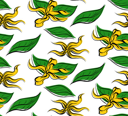 Seamless pattern with drawing tropical flowers ylang ylang and foliage on white background. Vector texture with sketch floral ornament in cartoon style. natural wallpaperのイラスト素材