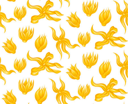 Vector seamless pattern with various tropical flowers ylang ylang on white background. Wallpaper with natural floral objects in flat hand drawn cartoon style. tropical natureのイラスト素材
