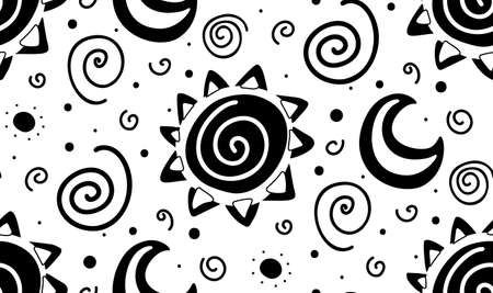 Vector monochrome seamless childish cosmos pattern with sun and crecent on white background. Black...