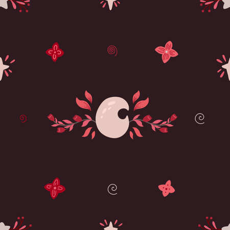 Vector delicate seamless pattern with crescent moon and sakura on dark background. Gentle mystical...