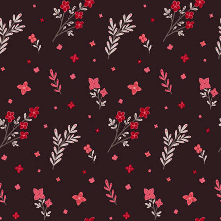 Vector seamless pattern with small pink flowers and stems with foliage on dark background. Natural texture with sakura branches. floral wallpaper. Delicate hand drawn cartoon ditsy fabricのイラスト素材
