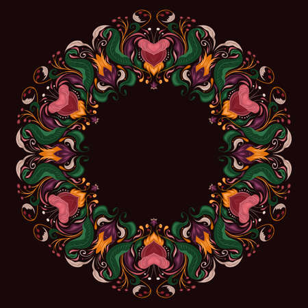 Vector circle border with vintage floral ornament. Baroque round frame with flowers and foliage on a dark background. Luxury damask template in flat hand drawn style for card and invitationのイラスト素材