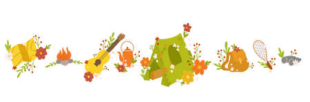 Vector set of travel camp. Bright children's kit of hiking. Horizontal collection with tent, backpack with floral decoration. Summer active rest with flower and berries ornaments.のイラスト素材