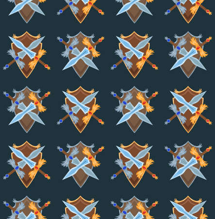 Vector seamless pattern with crossing cartoon swords and shields on dark background. protection and strength. Rich knight uniform. Texture with gold and silver weapon for wallpaper and gamesのイラスト素材