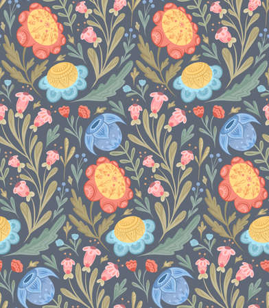 Seamless vector pattern with flowers and folk ornaments on gray background. Texture with hand drawn floral arrangement with naive ornaments. Tender natural fabric swatch with national decorationのイラスト素材