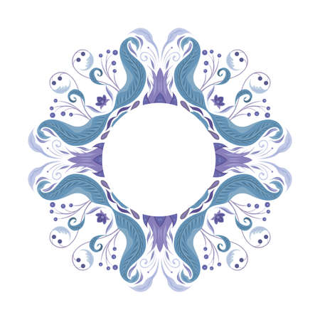 Vector round frame of tender vintage floral ornament and copy space. Baroque border with flowers and place for text in blue pastel colors. Gentle luxury damask template with foliageのイラスト素材