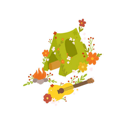 Vector illustration of summer adventure on white background. Child clipart with bright image of hiking. Tent and campfire with floral decoration. Summer active rest. Camp and guitar with ditsy flowerのイラスト素材