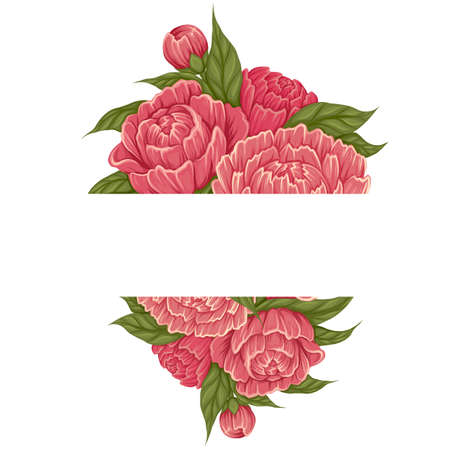 Vector card template with cartoon illustration of peony flowers with foliage and copy space. Postcard with natural frame of floral bouquet and place for text. Botanical border for invitationのイラスト素材