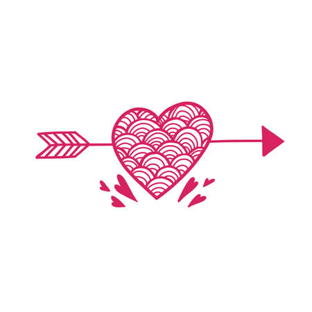 Vector clip art pen illustration of pink heart with scales decorations and arrow on white background. Contour symbol of love for Valentine's day. Festive outline sign isolated from backgroundのイラスト素材
