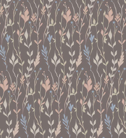 Vector seamless herbal pattern in pastel colors. Delicate botanical texture with stems and twigs in dark background. Pastel fabric swatch with floral ornamentのイラスト素材