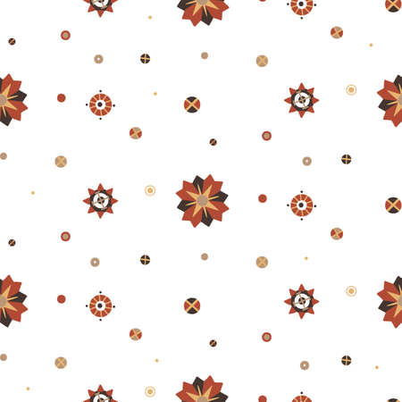 Seamless vector pattern with geometric flowers with folk art on white background and polka dots. Scandinavian texture with simple floral decorations. Fabric swatch with naive ornamentsのイラスト素材