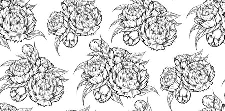 Vector seamless pattern with a sketch of peonies on a white background. Botanical texture with drawing of a bouquet of flowers and foliage for wallpaper. natural fabric swatchのイラスト素材