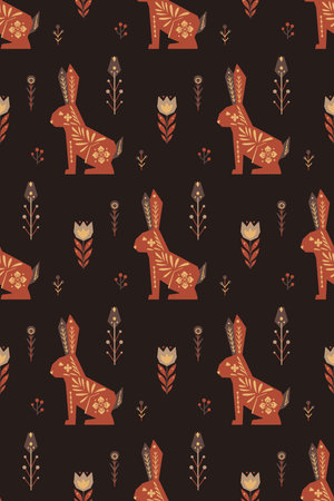 Seamless scandinavian vector pattern with easter bunnies with folk art on dark background. Festive texture with hares and floral decorations. Fabric swatch with geometric animal and stemsのイラスト素材