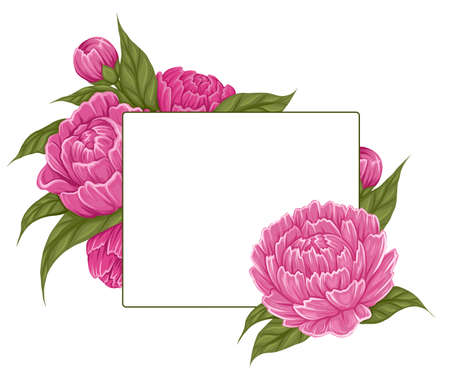 Vector card with colorful illustration of peony and copy space. Natural template postcard with cartoon floral bouquet with place for text. Botany clipart with bush and flowers for invitationのイラスト素材