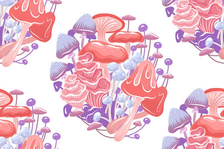 Vector seamless pattern with psychedelic mushrooms in bunch on white background. Magic texture with natural neon fungus on a white background for wallpaper. Botanical fabric swatch with toadstool.のイラスト素材