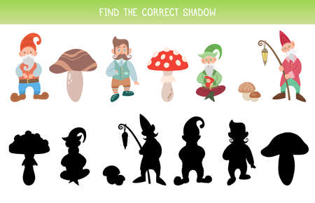 Vector fairy tale template for preschool lessons. Find the correct shadow. children educational game. Find right black silhouette for gnomes and mushrooms. cartoon leprechaunのイラスト素材